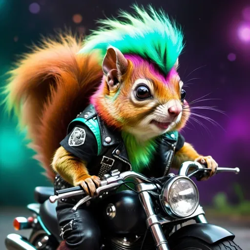 Prompt: Red  flying squirrel with a green and turquoise mohawk, vibrant colorful spots, long fur, wearing a black motorcycle vest with punk patches, mystical and magical atmosphere, high quality 4k, colorful punk style, vibrant purple and green tones, mystical aura, detailed fur, professional lighting, animal, cartoon, outer space background 