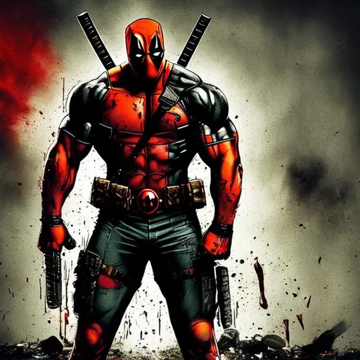 Prompt: Deadpool hulk. dark gritty. Bloody. Hurt. Damaged. Accurate. realistic. evil eyes. Slow exposure. Detailed. Dirty. Dark and gritty. Post-apocalyptic. Shadows. Sinister. Intense. 