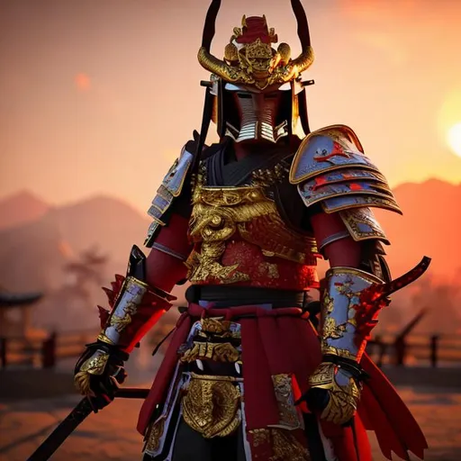 Prompt: Samurai with red armor and dragon themed helmet, golden katana looking at the sunset on a battlefield ultra realistic