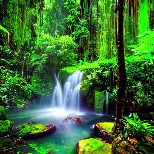 Prompt: bright green jungle abstract impressionism deep hidden exotic waterfall peaceful quiet dark blue purple brown fecund solemn