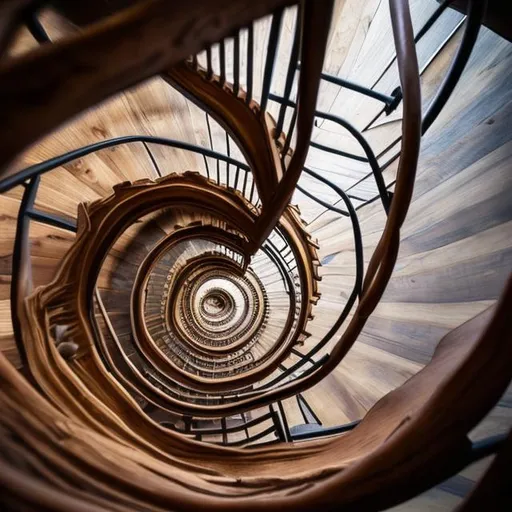 Prompt: Look down into an endless wooden spiral staircase, hyperrealistic, lots of details, vibrant colours