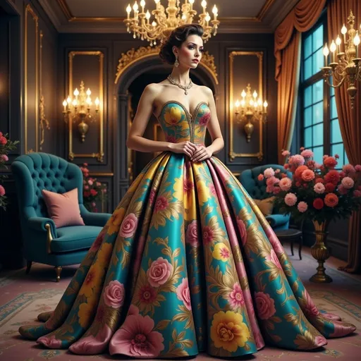 Prompt: Elegant lady in a luxurious dress, sophisticated pose, vibrant colors bursting with energy, cinematic lighting casting soft shadows, opulent setting with lavish decorations, high fashion style with intricate details, rich textures in fabrics enhancing the scene, confident expression depicting grace and poise, ultra-detailed and high-quality visual, inspiring a sense of elegance and glamour.