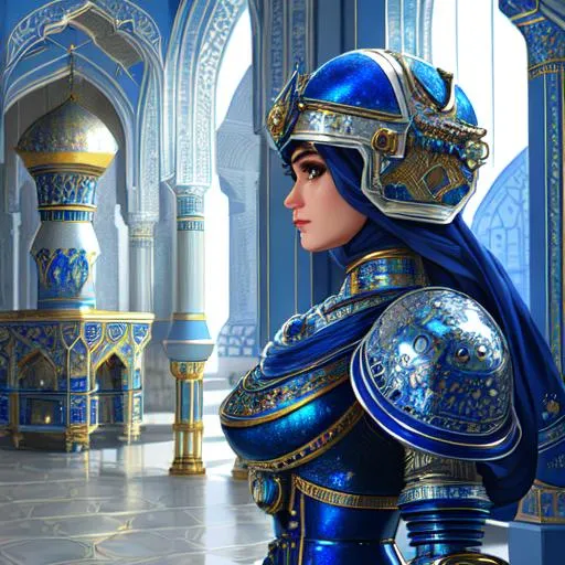 Prompt: create most beautiful photograph of most beautiful fictional, persian, robot, royal, blue, white, islamic, futurism, extremely, detailed environment, detailed background, intricate, detailed skin, natural colors , professionally color graded, photorealism, 8k, moody lighting.