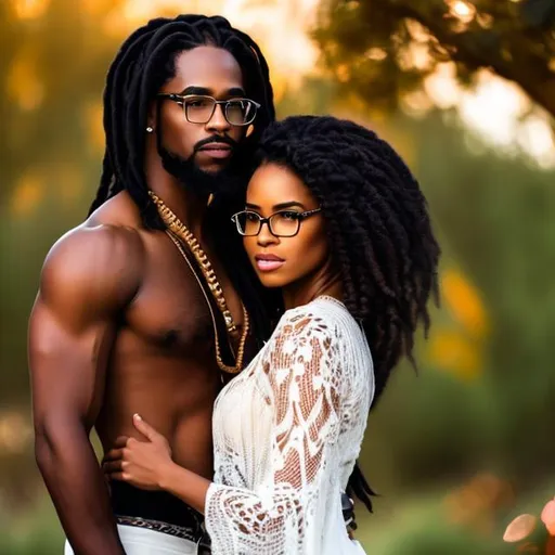 Prompt: Please produce a beautiful black couple embracing on cover of a romance novel. Women has dreadlocks. Man has braids. Man has goatee. Man is shirtless. Woman has clothes. Woman has glasses.