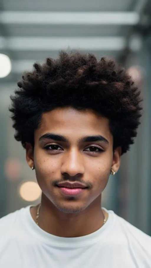 Prompt: A brown skin boy smirking with no earrings and a short curled hair and black eyes with a pointed nose and hairy eyebrow with pink lower lip and brown upper lip with a cyberpunk background, super highly detailed, intricate details, 8k, Ultra HD, Professional, Sharp focus, studio photo, Render, Realism 