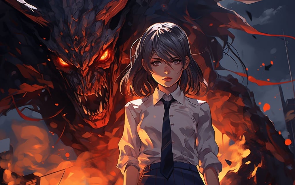 Prompt: an anime girl standing on the ground next to a wailing devil, in the style of horror academia, navy and amber, raw, confrontational figures, dinocore, close-up shots, uniformly staged images, quadratura