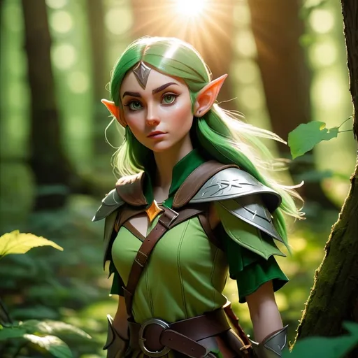 Prompt: Elf ranger in a mystical forest around sunlight