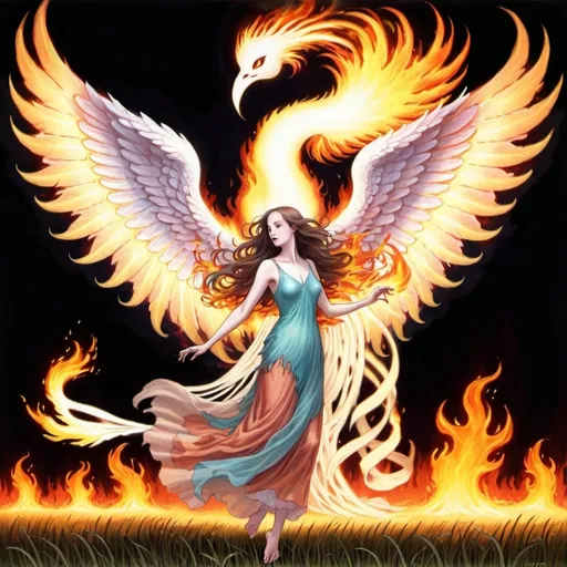 Prompt: feminine phoenix large wings on fire, make it ghostly, escaping from a cage, fields on fire in the background, dancing ghosts