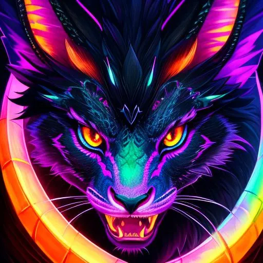 Prompt: portrait of a roaring neon dragon with fangs and iridescent black markings and a cute face, facing forwards, perfect composition, watercolor on paper with pencils, hyperrealistic, super detailed, 8k, high quality, trending art, trending on artstation, sharp focus, studio photo, intricate details, highly detailed