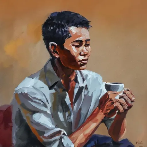 Prompt: expressive painting of a young Javanese man sitting enjoying a cup of coffee. showing comfortable peace without a smile against a blurred image background
