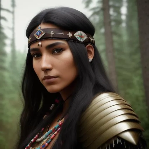 Prompt: Native american woman, tainted, forest, leather armor, animals, spirit, ghost, photorealistic, 8k