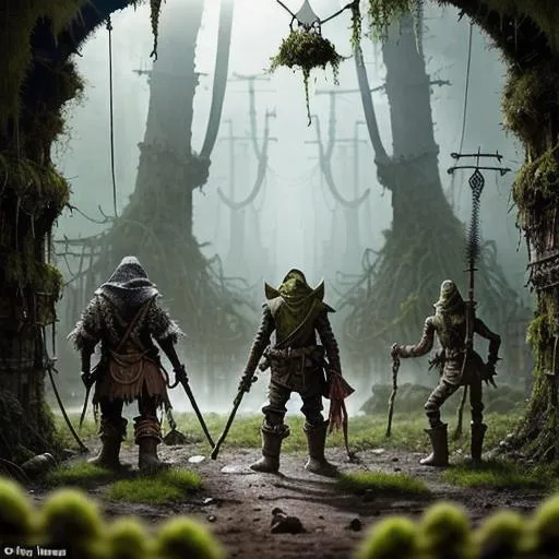 Prompt: dirty, eerie kobolds,  ragged cloak, belts and pouches, spear,  mossy, decaying, rusty and worn,  intricate detail,  show antennas and wires and circuits, old apocalyptic city wasteland fantasy,overgrown by oppressive huge forest, vines, plants and roots growing, cracking through walls, 3d render,  high detail, dark, rainy, frontside vieuw, industrial, sci fi,