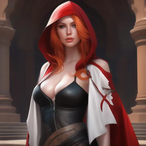 Prompt: Beautiful fantasy busty seducer, goth, (crop top:1.5), black leather clothes, black boots, standing on cracked stone, ginger hair, pale skin, hooded red cloak, full body, highly detailed, digital painting, artstation, hyperrealistic, sharp focus, illustration, art by artgerm and greg rutkowski and alphonse mucha, 8k, pretty eyes, award-winning cgi, blender, headshot