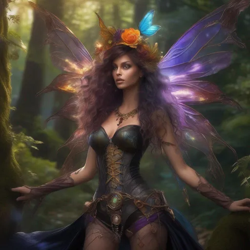 Prompt: Epic. Cinematic. Shes a (colorful), Steam Punk, gothic, witch. spectacular, Winged fairy, with a skimpy, (colorful), (gossamer), flowing outfit, standing in a forest, by a village. ((Wide angle)). Detailed Illustration. 8k.  Full body in shot. ((Hyper real painting)). Photo real. An (extremely beautiful), shapely, woman with, ((Anatomically real hands)), and (vivid), (colorful), ((bright eyes)). A (pristine) Halloween night. ((Concept style art)). Rays of light. Lens flares. (Celestial). 