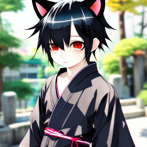 Prompt: Shota, short black hair, kimono, boy, anime boy, cat ears
