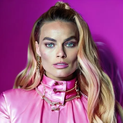 Prompt: High quality picture of Margot Robbie wearing a high detailed inspired pink Barbie Balenciaga outfit in a Barbie world background

