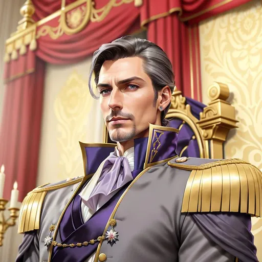 Prompt: tall brunette british prince, {40 years old}, {slicked back hair}, {lilac eyes}, {short goatee}, wearing grey royal attire, highly detailed, by greg rutkowski, straight nose, broad shoulders, very thick arms, high cheekbones, muted lighting, looking down toward camera, perfect composition, hyperrealistic, 8k, high quality, sharp focus, professional studio photo, intricate details, highly detailed, highly detailed, vibrant, production cinematic character render, ultra high quality model, artstation, hd, octane render, Portrait