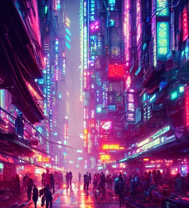 A bustling neon-lit street of a cyberpunk city, high... | OpenArt