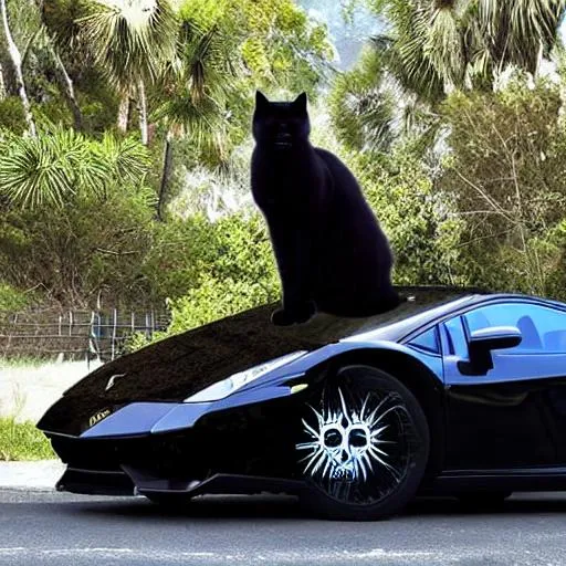 Prompt: BIg black cat with tuxido in a lambo with millions of dollors on the moon with a big space ship