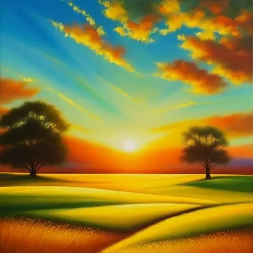 Prompt: oil painting. a golden sunrise over a green field. sleep, tree, mirror, painting, book. 