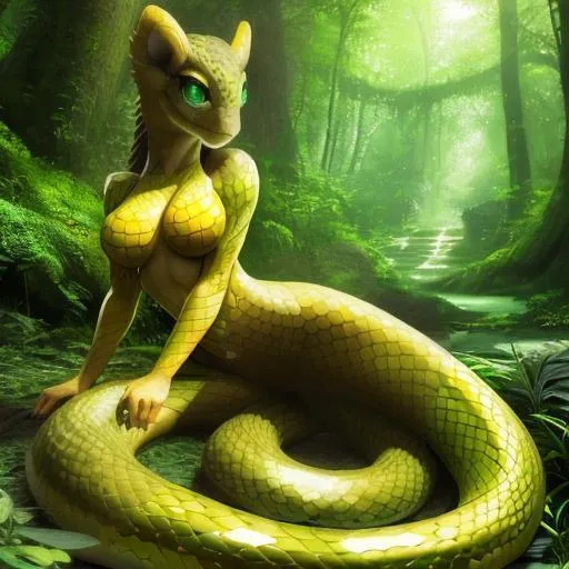 Prompt: Full-body detailed masterpiece, fantasy, high-res, quality upscaled image, perfect composition, subject of this image is a bipedal female snake, green scales, athletic body, 18k composition, 16k, 2D image, cell shaded, snake, athletic torso, forest background, female chest; using renamon as the body,  Snake face features, busty scale covered chest, large and thick and scaly green tail, dnd snake-folk, anthro snake, naga, snake head