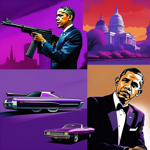 Prompt: Obama in Saints Row, guns, cartoony, purple atmosphere, extremely detailed painting by Greg Rutkowski and by Henry Justice Ford and by Steve Henderson