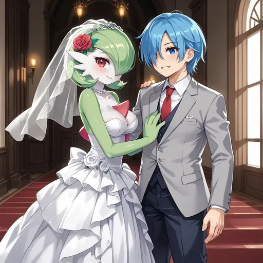 Prompt: Gardevoir smiling wearing a wedding dress next to her human husband.