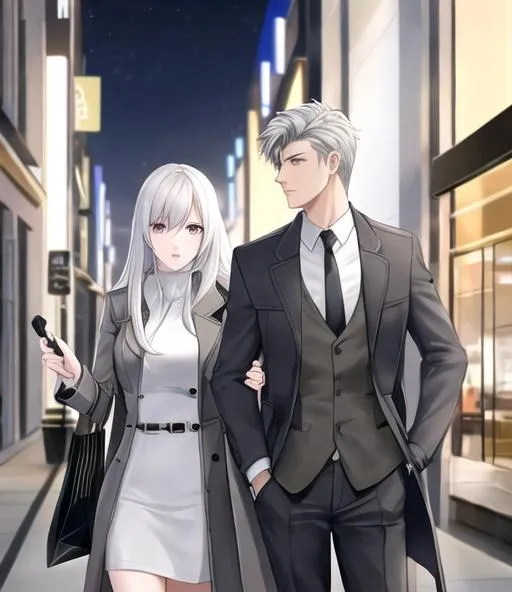 Prompt: A man wearing a grey trench coat who has white skin and white hair standing beside a pretty women wearing spy wear standing at shopping mall at night time, high quality, most of the body must be seen