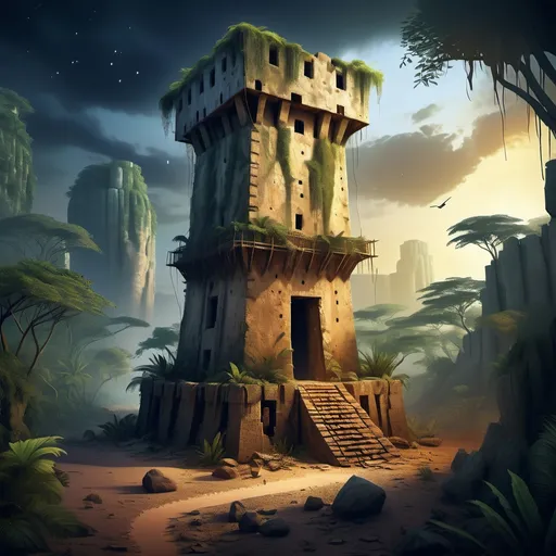 Prompt: Fantasy Illustration of an old crumbled watchtower, western-african architecture, entire structure, limestone materials, african style, immersive world-building, high quality, detailed, epic scale, fantasy, surrounded by an african jungle landscape, nighttime, omnious atmosphere