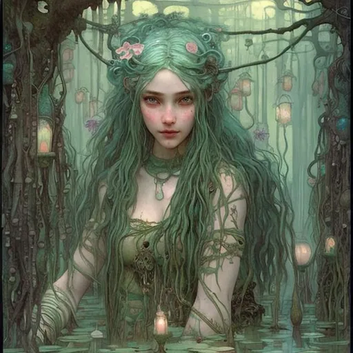 Prompt: Druid witch Girl with pretty detailed face and sea foam green hair in a swamp at sunset with peach water lilies and  hanging lanterns by John bauer high contrast John William Waterhouse high bloom concept art