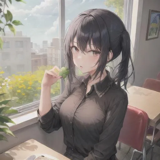 Prompt: 1 girl,Black hair,sitting at the table,look at the window,four-leaf clover in hand,