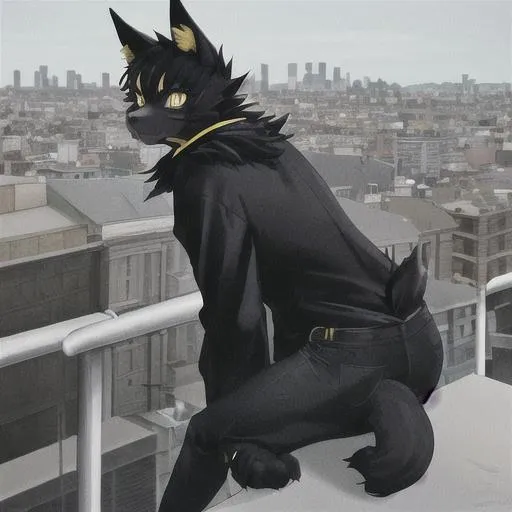 Prompt: A Bipedal Furry Black Cat  With Yellow Eyes Waring A Black Hoody And Blue Jeans Siting On The Edge Of A City Rooftop With A Beer