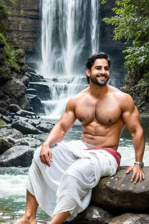 Prompt: a scene of waterfall, love, ("eyes closed"  lost in god),"parsi hyperreal muscle handsome rugged hunk boy" in "hyperreal stormy snow mountain", smile, white shawl dhoti, detailed, hyperreal, sitting, arena, perfect composition, hyperrealistic, super detailed, 8k, high quality, trending art, trending on artstation, sharp focus, studio photo, intricate details, highly detailed, by greg rutkowski
