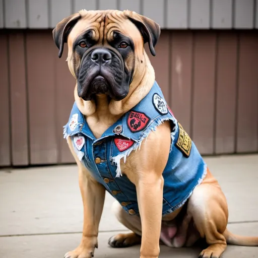 Prompt: Bullmastiff wearing a heavy metal music denim vest with patches