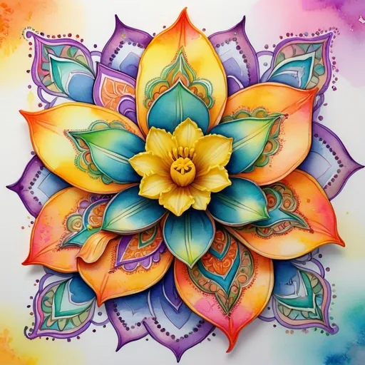 Prompt: Kawaii, watercolor, a daffodil, decorated with Henna art inspired patterns, embellishments and Flourishes, bright vibrant colors, Highly detailed, popping vibrant colors, Gradient Colors, Intricate details, Highly textured, spiritual symbols of mandalas with Hindu, Buddhist, Jainism, Shinto, Bengali, Celtic, and Arabic geometric and whimsical patterns