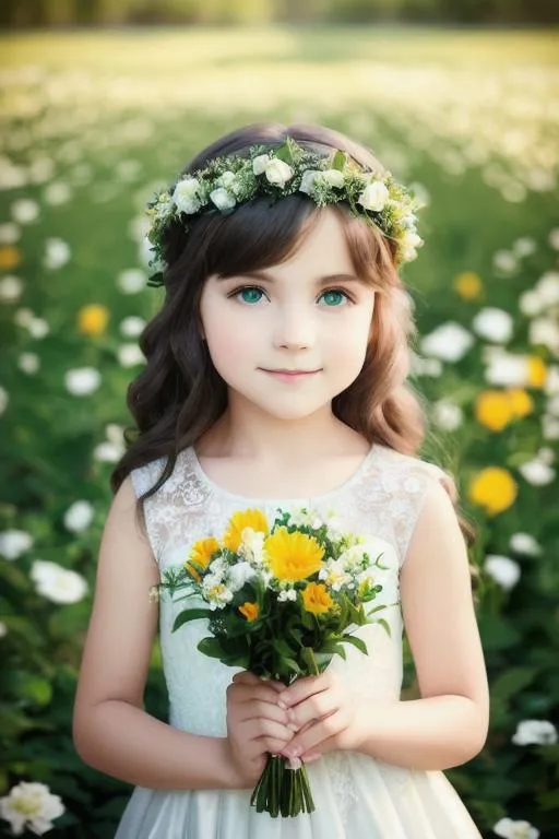 Prompt: solo, photo realistic portrait of a beautiful child. She wear a wedding dress with intricated designed and flower crown. She is cute and beautiful, charming grayish green eyes, slighting smile. The photo is a masterpiece taking in early morning in a beautiful garden,god rays by professional fashion photographer  Mona Kuhn and Peter Hegre