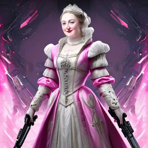 Prompt:  smiling noble lady with powdered face who looks likes like queen victoria in pink long regal dress made of steel and holding a futuristic shotgun. 8k, splash art, futuristic

