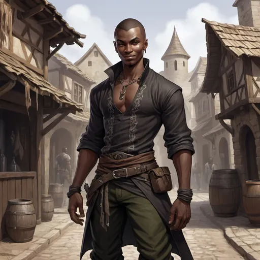Prompt: Full body, Fantasy illustration of a male black rogue, 28 years old, black skin, short hair, wornout rogueish garment, cunning expression, mocking smile, high quality, rpg-fantasy, detailed, in a african-style fantasy town