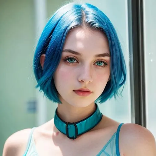 Prompt: Young girl with short hair, blue hair, green eyes, pale skin, portrait, bare shoulders, shoulders visible, sci-fi