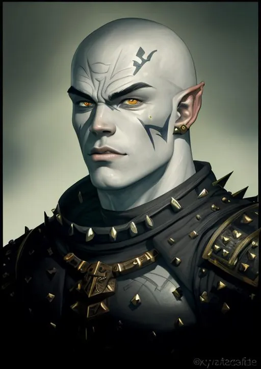 Prompt: a fantasy style portrait painting of a large ork male, youthful, with human features, oil painting, rpg portrait, extremely detailed art, grey skin, studded leather armour, smooth skin, bald, very strong, muscular, tribal tattoo 