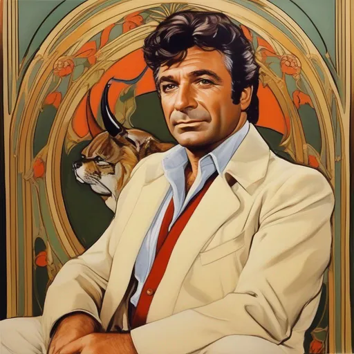 Prompt: Art Nouveau, Peter Falk as Lieutenant Columbo, as a devil