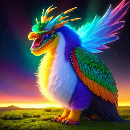 Prompt: SFW, landscape, 3 / 4 view, wide view, 7 "colorful, mean, proud, super massive, obese, colorful, baby kukulkan", with a halo", glowing, realistic, spiked hair, fluffy, silky, furry, backlit, warm tones, night-sky, moss, indigo, cream, coral, bone-white, photorealistic eyes, ornate, dynamic, particulate, intricate, elegant, highly detailed,  airbrush, acrylic on paper, volumetric lighting, occlusion, smooth, sharp focus, 128K UHD octane render, w more detail, ultra realistic, insane detail, cinematic