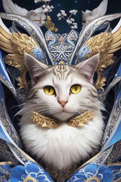 Prompt: 4 winged cat, multiple eyes on the head, (masterpiece), (best quality:1.2), (intricate detail), dynamic angle, looking at viewer, (1male), ((solo)), (((full body))), (slender), (((tabaxi))), (((white fur))), ((blue pupils)), (((light armor))), black armor, ((cloak)), mysterious, ((ominous expression))