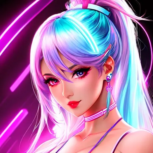 Prompt: high quality, beautiful woman, genshin impact, deviant art, full front, neon lights