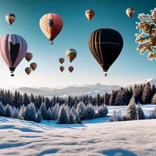 Prompt: A black and white winter landscape with different types of fir trees and mountains, and several hot air balloons flying in formation above in bright colors.