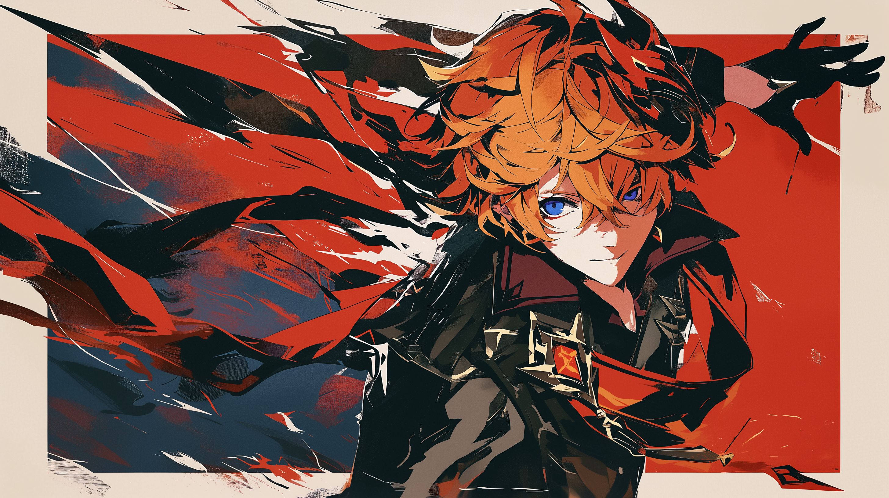 Prompt: Tartaglia from Genshin Impact, Persona 5 style, Short messy ginger hair with Ahoge that falls between the eyes, dark blue eyes, red diamond earing on right side, aged japanese vintage woodblock print style, water color brush strokes, vector, dynamic pose, thick white border, shades of red and black --ar 16:9 --niji 6