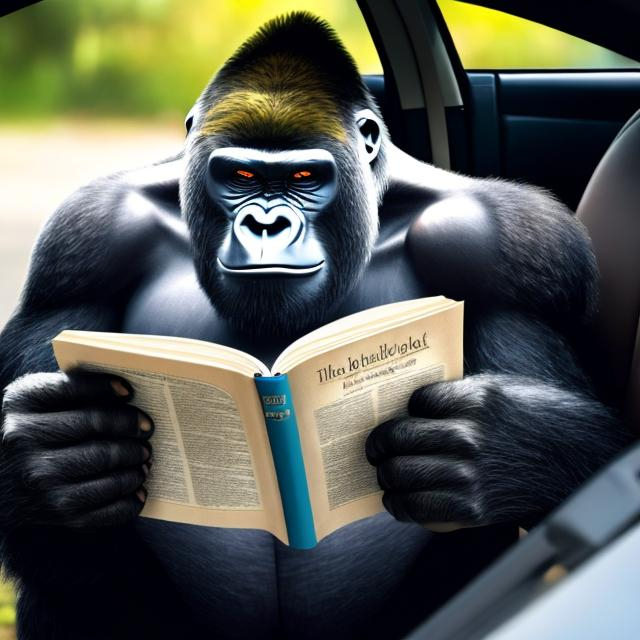 A gorilla reading the book in car