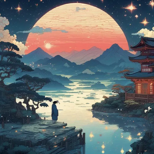 Prompt: Beauiful background level of a 2D Sega Genesis game, video game art, pixel art, concept art, starry sky, dreamy and romantic, ultra detailed, natural lighting, trending on artstation ,woodblock print by Hokusai ,by Victo Ngai
