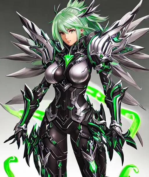 Prompt: , female, long silver and green glowing hair, wearing black gloves, green and silver scifi armor, V1 ULTRAKILL wings, Xenoblade 2 , conceptart 