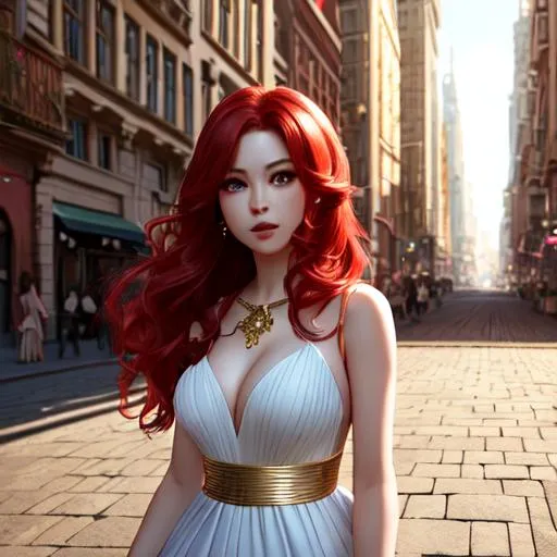 Prompt: Jennie, girl, red hair, gold eyes, full body, married dresses, city with buildings, high resolution, realistic art, ultra detailed face, concept art, high quality, detailed, best quality 8kconcept art, matte painting, HQ, 4k